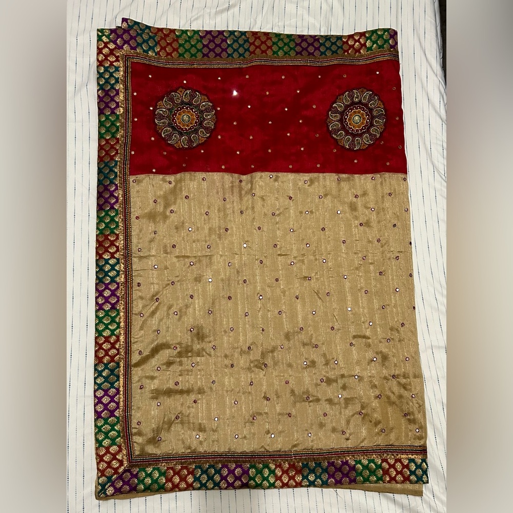 Gold, red, green multicolor silk saree